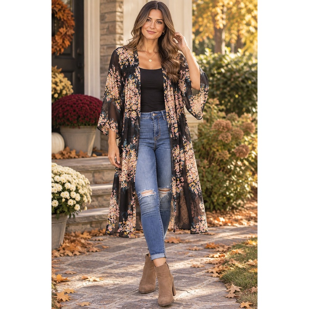 Maurices XL Black Floral Sheer Kimono Duster Boho Open Front Cardigan